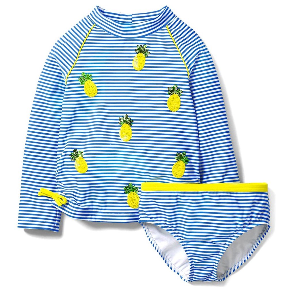 Mini Boden Girl's Blue Oasis & Ivory Pineapples Surf Rash Guard Set